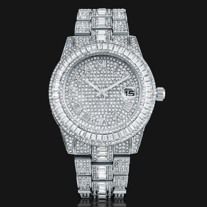 Golden Stone Studded Diamond Wrist Watch For Men