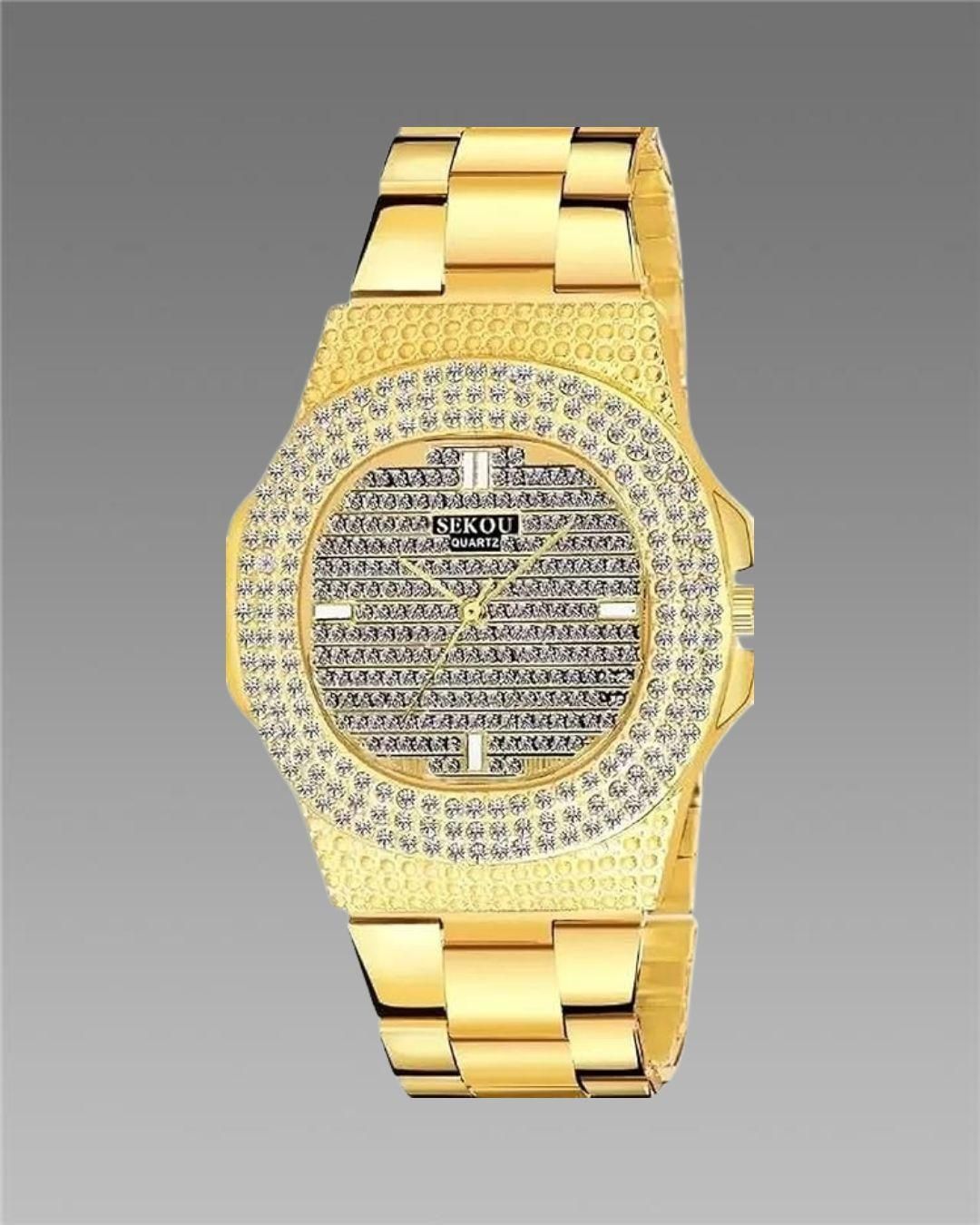 Golden Stone Studded Diamond Wrist Watch For Men