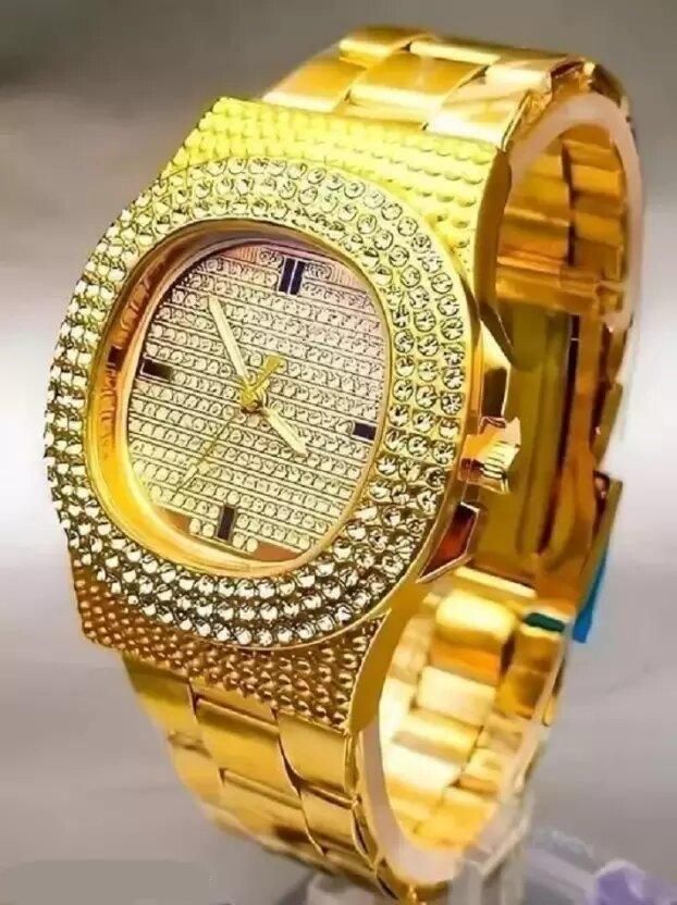 Golden Stone Studded Diamond Wrist Watch For Men