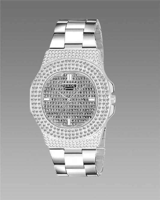 Golden Stone Studded Diamond Wrist Watch For Men